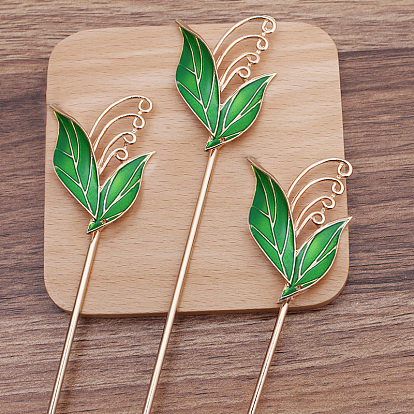 4 Loop Iron Hair Stick Finding, with Alloy Enamel Leaf, Light Gold, for Dagling Hairpin, Hairstick with Taseel Making