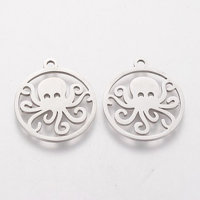 201 Stainless Steel Pendants, Flat Round with Octopus