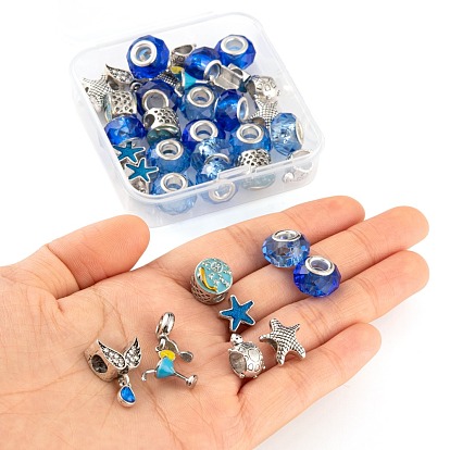 DIY Jewelry Making Kits, Including 16Pcs Glass European Beads, 16Pcs Alloy European Beads and 4Pcs Alloy European Dangle Charms, Rondelle & Starfish & Flat Round & Tortoise & Cocktail Glass & Wing