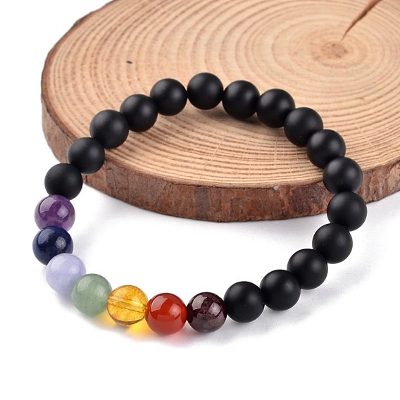 Chakra Natural Black Agate(Dyed) Beaded Stretch Bracelets, with Gemstone Beads