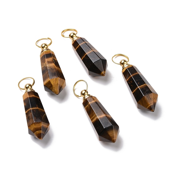 Natural Tiger Eye Openable Perfume Bottle Pendants, with Golden Tone Brass Findings, Faceted Bullet Charm