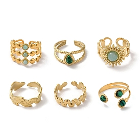 6Pcs 6 Style Leaf & Sun & Teardrop 304 Stainless Steel Open Cuff Rings Set, Synthetic Malachite & Natural Amazonite Stackable Rings