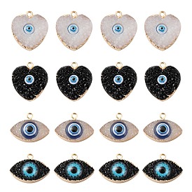 16Pcs 2 Style Druzy Resin Pendants, with Edge Light Gold Plated Iron Loops, Evil Eye & Heart with Evil Eye