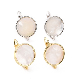 Rack Plating Brass Hoop Earring Findings with Latch Back Closure, with Natural White Shell and Horizontal Loop, Flat Round