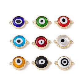 Lampwork Brass Connector Charms, Light Gold, Cadmium Free & Lead Free, Evil Eye