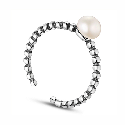 SHEGRACE Vintage 925 Sterling Silver Twisted Cuff Rings, Open Rings, with Shell Pearl, 16mm