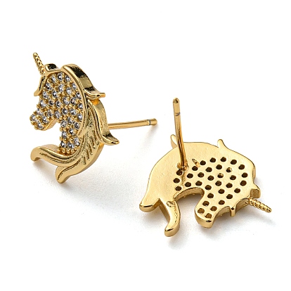 Rack Plating Brass Unicorn Stud Earrings with Cubic Zirconia, Lead Free & Cadmium Free