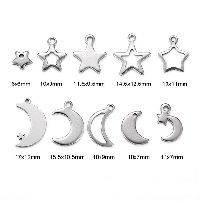 200Pcs 10 Style 304 Stainless Steel Charms, Moon & Star