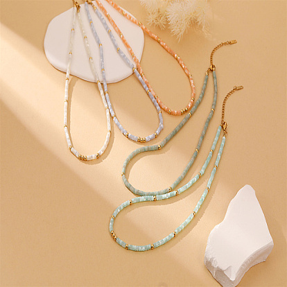 Dyed Natural Shell Disc Beaded Necklaces, with Brass Clasp
