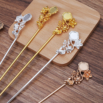 Iron Hair Stick Findings, with Alloy Cabochons Setting, Flower with Fish