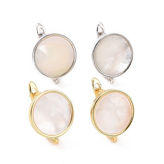 Rack Plating Brass Hoop Earring Findings with Latch Back Closure, with Natural White Shell and Horizontal Loop, Flat Round