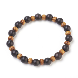 Natural Sandalwood Stretch Bracelets, with Round Wood Beads