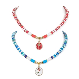 2 pcs 2 style alliage émail fleur pendentif colliers ensemble, avec des chaînes de perles en disque d'argile polymère