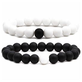 10mm Black Matte White Stone Beaded Couple Bracelet DIY Elastic Cord Jewelry Making