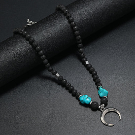 Collier pendentif double corne en alliage de style bohème, avec des éclats de pierres précieuses naturelles et synthétiques mélangées, des cordons perlés