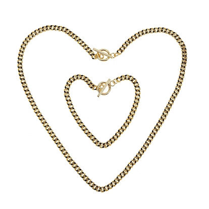 Brass Curb Chain Bracelets & Necklaces Sets, with Enamel and 304 Stainless Steel Toggle Clasps, Real 18K Gold Plated