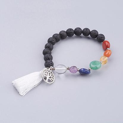 Tassel Charm Bracelets, with Alloy Findings and Gemstone Beads, Round & Nuggets & Ring with Tree of Life
