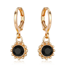 Black Circle Earrings with Diamond Inlay and Pendant Drop Ear Hooks