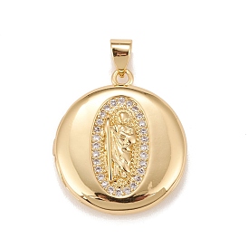 Brass Micro Pave Cubic Zirconia Locket Pendants, Photo Frame Charms for Necklaces, Real 18K Gold Plated, Lead Free & Cadmium Free, Flat Round with Saint