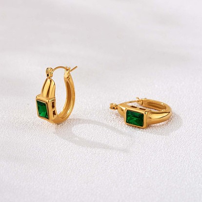 Green Cubic Zirconia Rectangle Hoop Earrings, 430 Stainless Steel Jewelry for Women