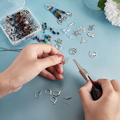 Kits de fabricación de pendientes de bricolaje, incluyendo flor y montaña 304 y 201 colgante de acero inoxidable y aleación, Perlas de vidrio, fornituras de pendientes de latón