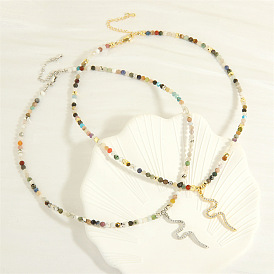 Bohemian Style Colorful Stone Bead Necklace - Minimalist Design, Snake Pendant, Collarbone Chain.