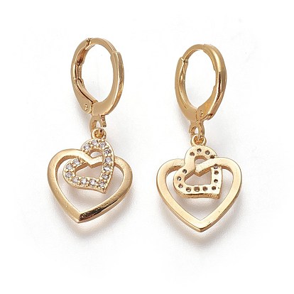 Brass Dangle Hoop Earrings, with Micro Pave Cubic Zirconia, Heart