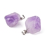 3Pcs Natural Amethyst Pendants, with Platinum Brass Snap on Bails, Nuggets
