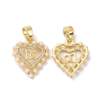 Heart Brass Micro Pave Clear Cubic Zirconia Pendants, with Acrylic Imitation Pearl, Cadmium Free & Lead Free