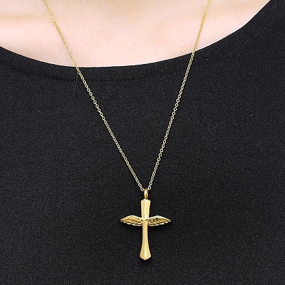 Cross and Wings Urn Ashes Pendant Necklace, 316L Stainless Steel Memorial Jewelry for Women