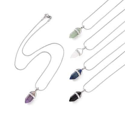 5Pcs 5 Style Natural Mixed Gemstone Bullet Pendant Necklaces Set with 304 Stainless Steel Snake Chains for Women, Stainless Steel Color
