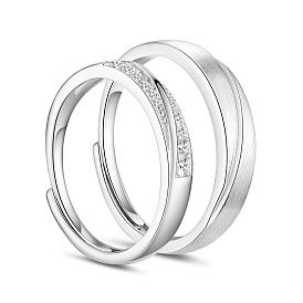 SHEGRACE Adjustable Frosted 925 Sterling Silver Couple Rings, with AAA Cubic Zirconia, 17mm and 19mm