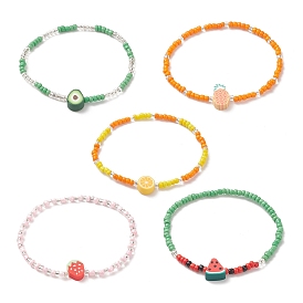 5Pcs 5 Style Lemon & Strawberry & Watermelon Polymer Clay & Glass Seed Beaded Stretch Bracelets Set, Fruit Theme Jewelry for Women