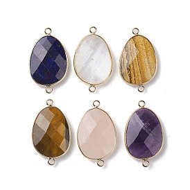 Natural Gemstone Connector Charms, with Light Gold Plated Brass Finding, Oval Link, Faceted