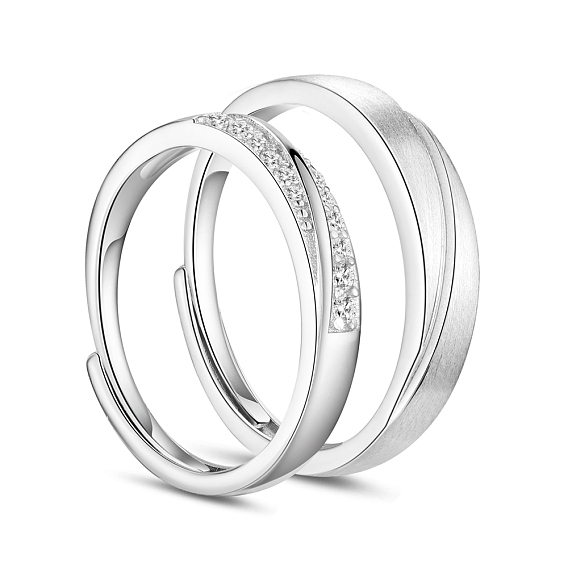 SHEGRACE Adjustable Frosted 925 Sterling Silver Couple Rings, with AAA Cubic Zirconia, 17mm and 19mm