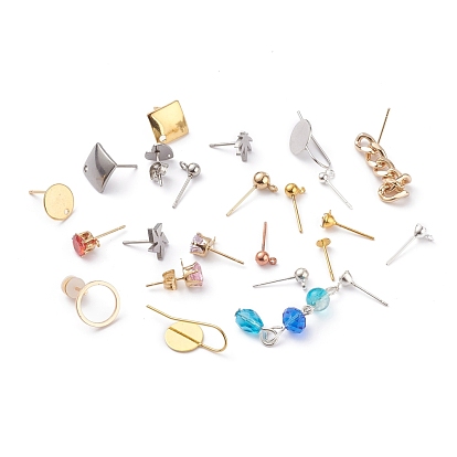 Stainless Steel & Brass Stud Earring Findings, with Loop, Mixed Shapes, Mixed Style