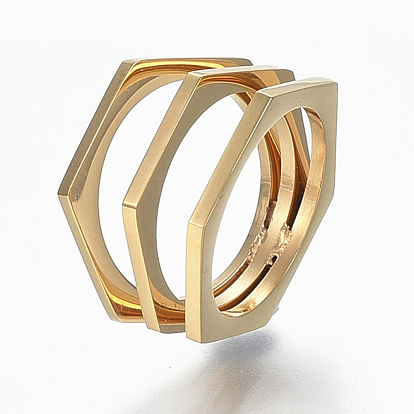 304 Stainless Steel Wide Band Finger Rings, Hexagon