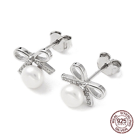 Cubic Zirconia Bowknot with Natural Pearl Stud Earrings, 925 Sterling Silver Earrings for Women