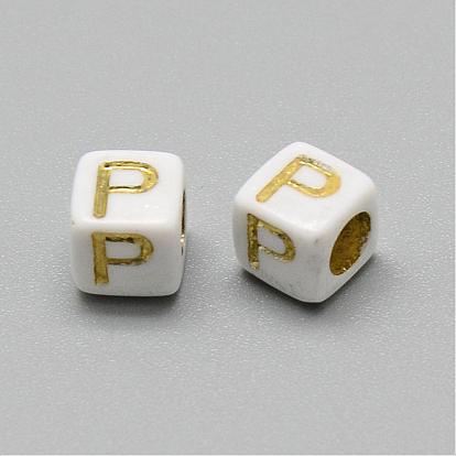 Perles acryliques plaquées, métal enlacée, mélange de lettres, cube