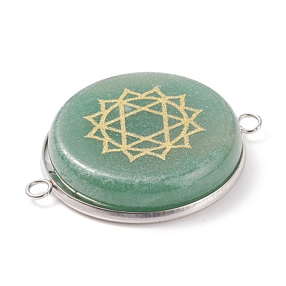 Breloques connecteurs en pierres naturelles et synthétiques mélangées, avec 304 accessoires en acier inoxydable, plat rond avec motif de chakra, mélangé teint et non teint