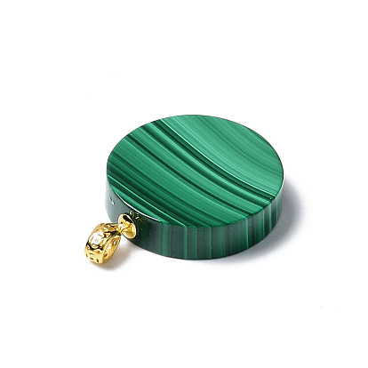 Natural Malachite Pendants, Flat Round Charms, with Golden Plated 925 Sterling Snap on Bails