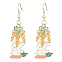 Alloy Enamel Rabbit & Carrot Dangle Earrings, Glass Cluster Earrings with Brass Pins