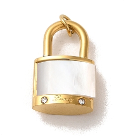 Natural White Shell Pendants, with Ion Plating(IP) 304 Stainless Steel Rhinestone Findings, Padlock Charm