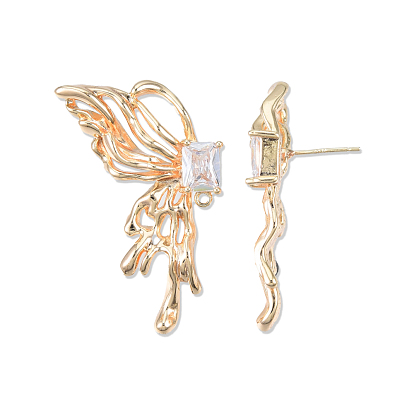 Brass Pave Clear Cubic Zirconia Butterfly Stud Earring Findings, with Horizontal Loops, Cadmium Free & Nickel Free & Lead Free