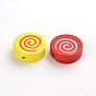 Natural Wood Beads, Lead Free, Dyed, Flat Round With Spiral Pattern