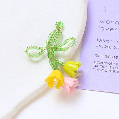 Glass Seed Braided Beaded Pendants, with Plastic Flower Beaded, Tulip Flower Charms