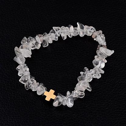 Natural Crystal Chip Bead Stretch Bracelets, with Non-magnetic Hematite Cross Beads, 53mm