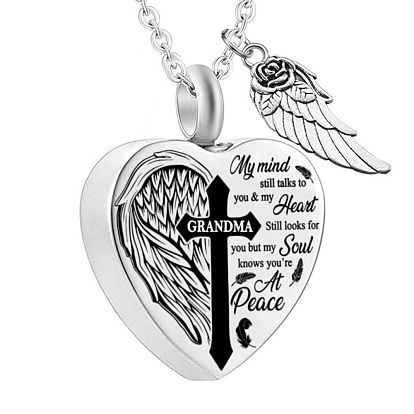 Heart and Wing Urn Ashes Pendant Necklace, Cross with Word 316L Stainless Steel Memorial Jewelry for Men Women