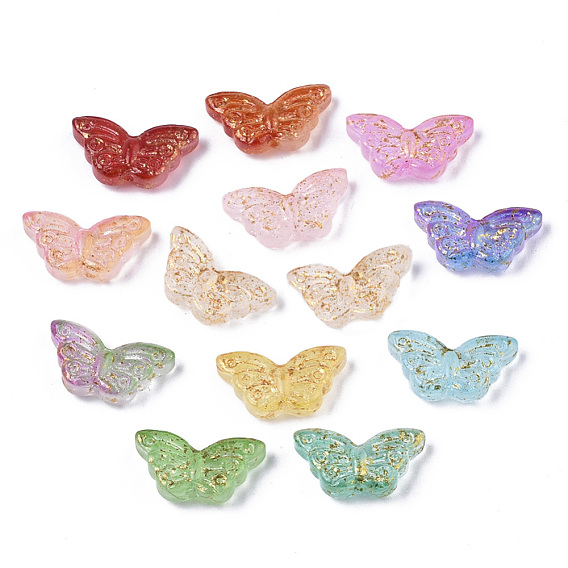 Perles de verre peintes par pulvérisation transparent, avec une feuille d'or, papillon