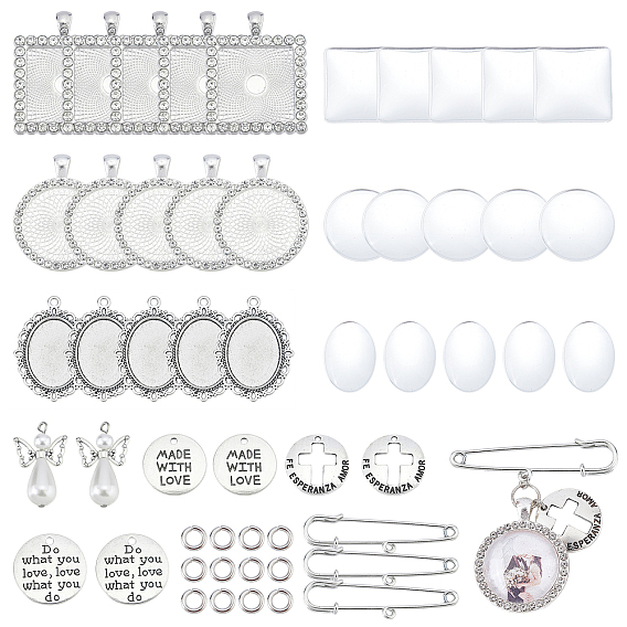 Chgcraft bricolage mot pendentif broche broche kits de fabrication, y compris les paramètres et les pendentifs de cabochons de pendentif en strass en alliage, Cabochons en verre, pendentif ange imitation perle, Accessoirs de broche en fer